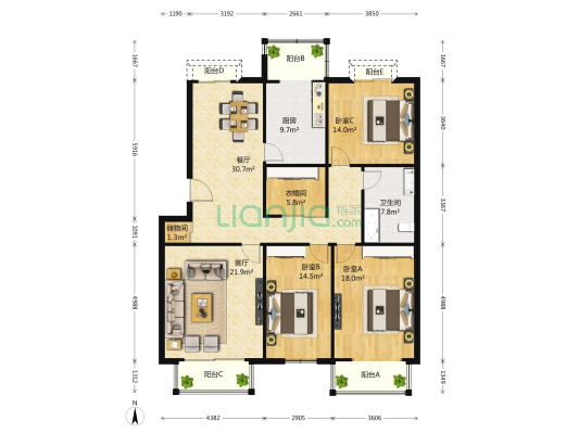 金地格林小镇 3室2厅1卫 161平方
