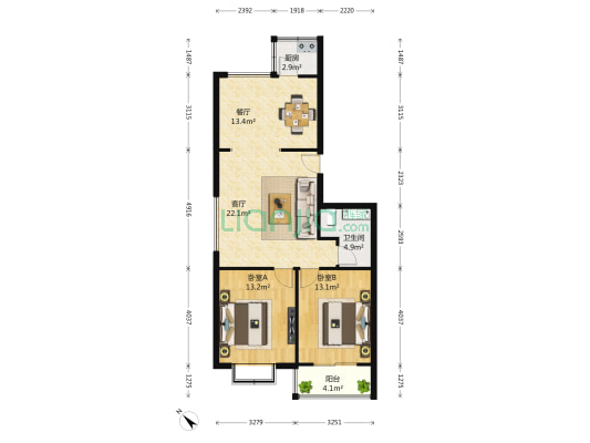 欧澜家园 2室2厅1卫 90平方