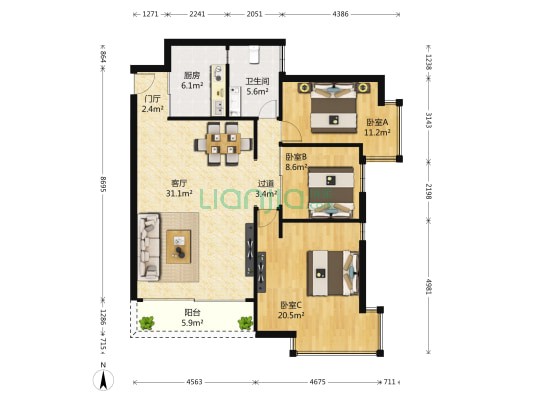 万恒城市花园 3室1厅1卫 110平方