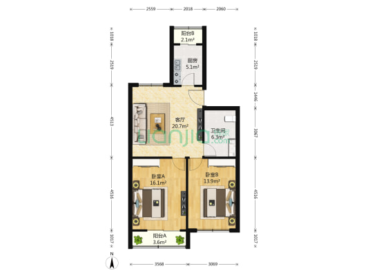 启运里 2室1厅1卫 87平方