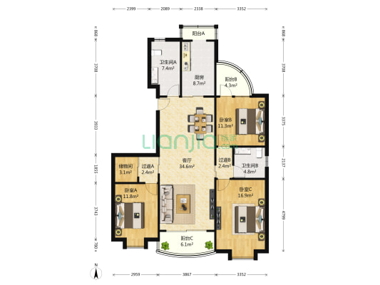新世纪花园北区 3室1厅2卫 148平方