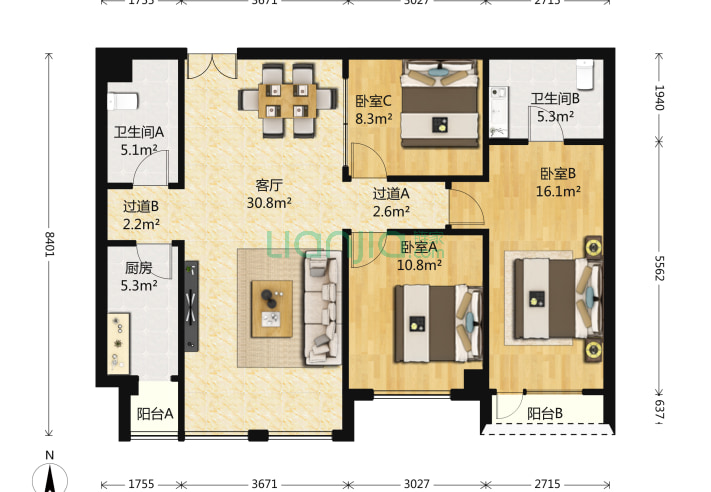 3室1厅2卫129.04㎡-北京北京香颂户型图