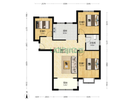 高铁板块，南北通透大三居，人车分流-户型图