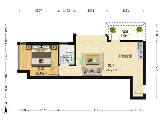 阳光新境园 一居室 中间楼层 精装修 户型方正