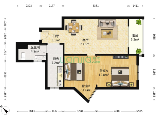 合汇景苑 2室1厅1卫 83平方