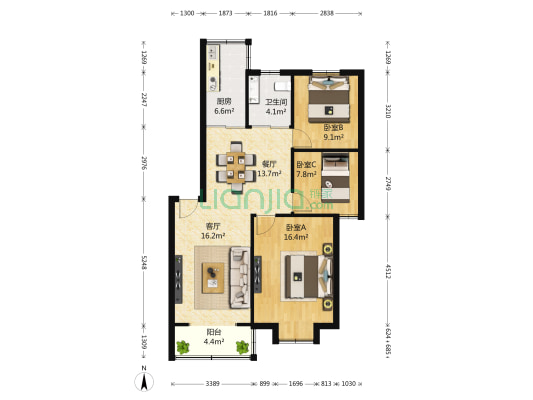 紫霞公寓 3室2厅1卫 96平方