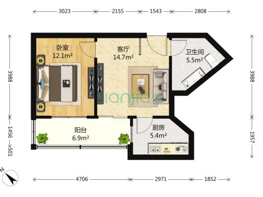望京西园二区 1室1厅1卫 60平方
