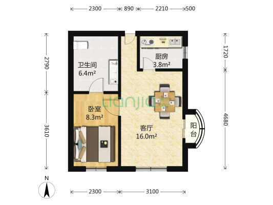 太子公寓 1室1厅1卫 44平方