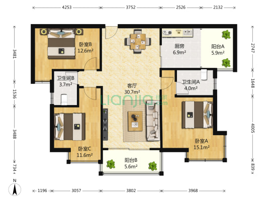 保利心语二期 3室1厅2卫 122平方