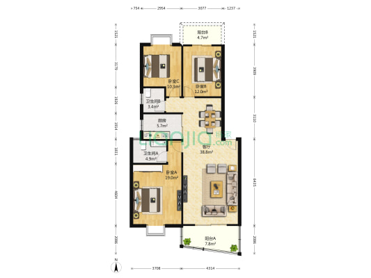 星河花园 3室1厅2卫 125平方