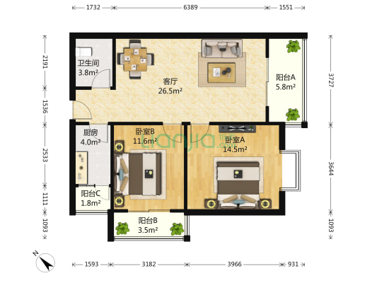 西雅语嫣 2室1厅1卫 90平方