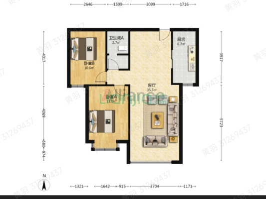 新华城 中高好楼层 南向两居室  看房有钥匙-户型图