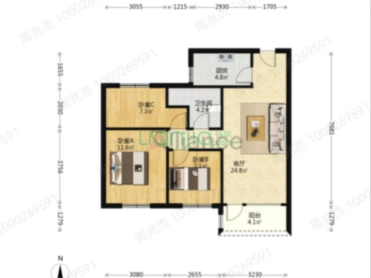 桃源新都孔雀城，南北通透三居，中高楼层-户型图