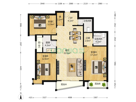 富力城B区 3室1厅2卫 137平方