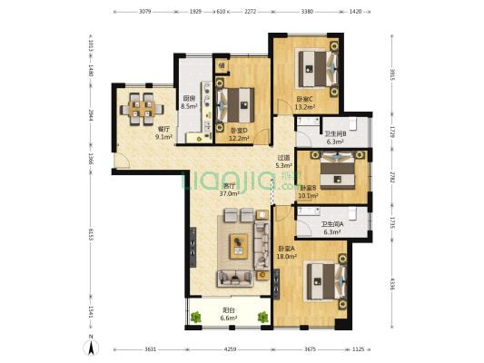海马公园三期 4室2厅2卫 170平方