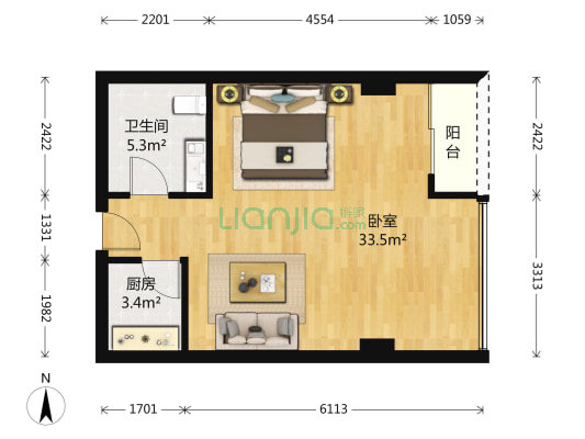 京桥国际公馆 1室0厅1卫 61平方