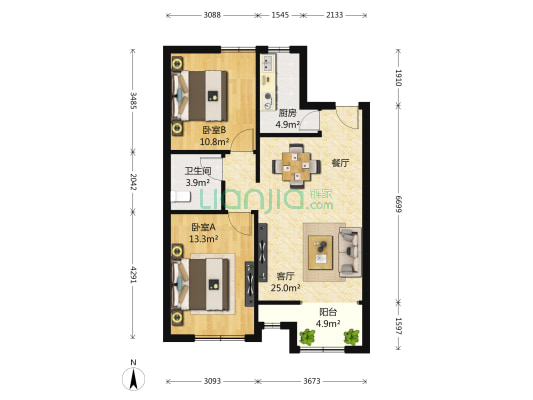 恒易慧心园 2室1厅1卫 91平方