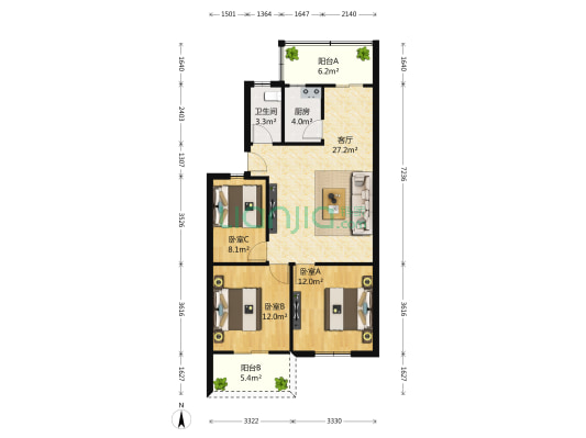 和谐家园 3室1厅1卫 96平方