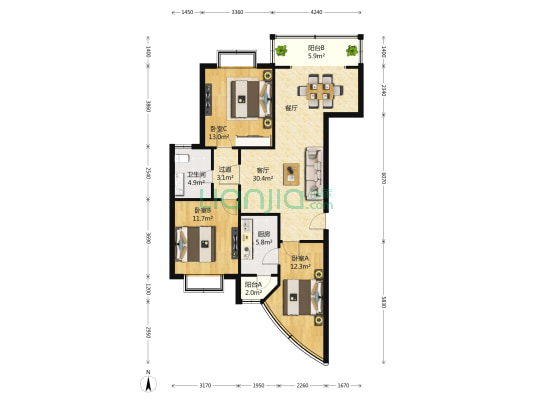 中虹汇之苑 3室2厅1卫 125平方