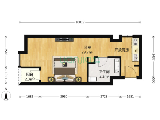 丹佛小镇 1室2厅1卫 56平方