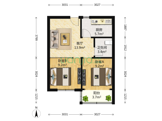 广业滨河家园 2室1厅1卫 65平方