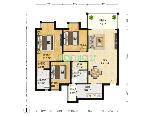 鸿阁一号 3室1厅2卫 107平方
