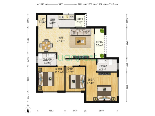 朗基龙堂 3室1厅2卫 114平方