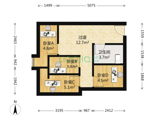 万达广场商务公寓 4室0厅1卫 56平方