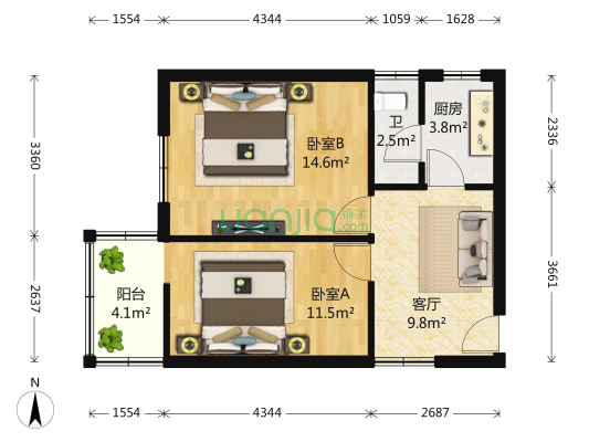 双林路136号 2室1厅1卫 51平方
