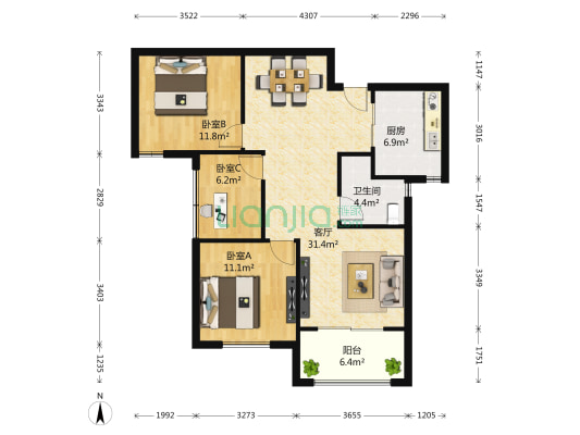 复地东湖国际三期 3室1厅1卫 102平方