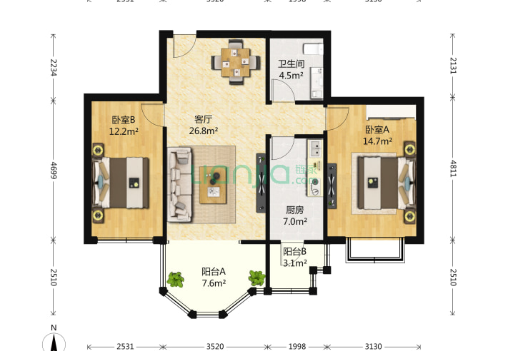 枫桦豪景二期 2室1厅1卫 101㎡ 户型