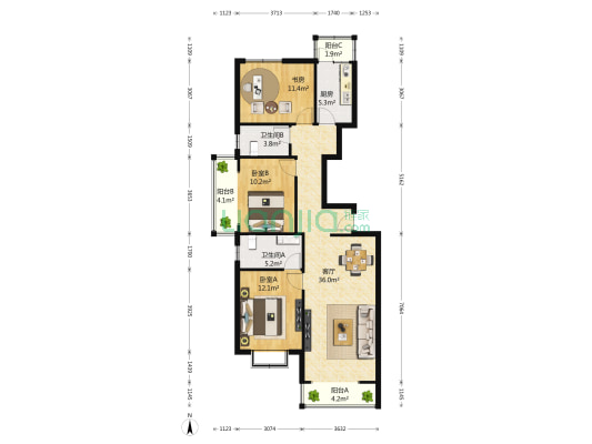 虹桥丽园 3室1厅2卫 138平方
