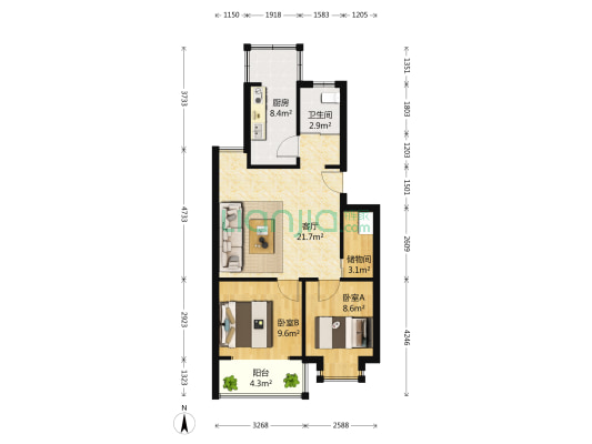 凤凰花园城福安园 2室1厅1卫 80平方