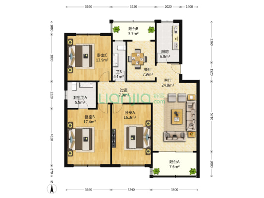 汇龙花苑(闵行) 3室2厅2卫 140平方