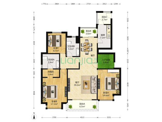 富力十号A区 3室1厅2卫 137平方