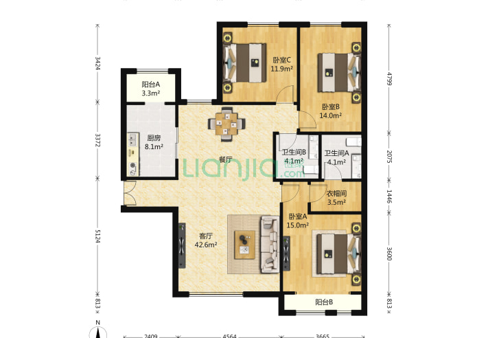 禧福汇 3室1厅2卫 158㎡ 户型
