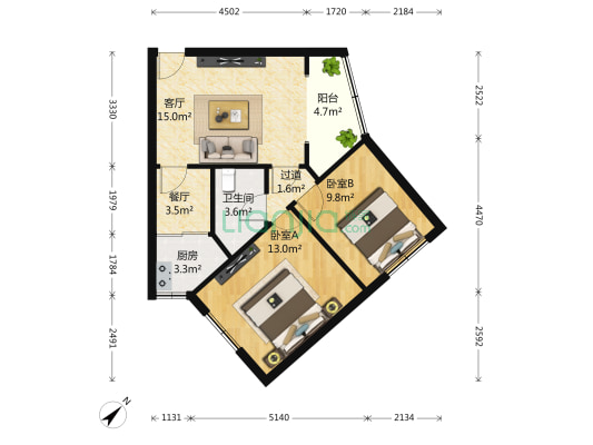紫荆核动力院宿舍 2室2厅1卫 61平方