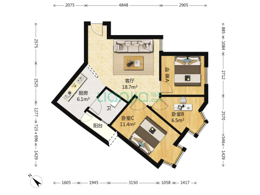 鸿基大厦 3室1厅1卫 74平方