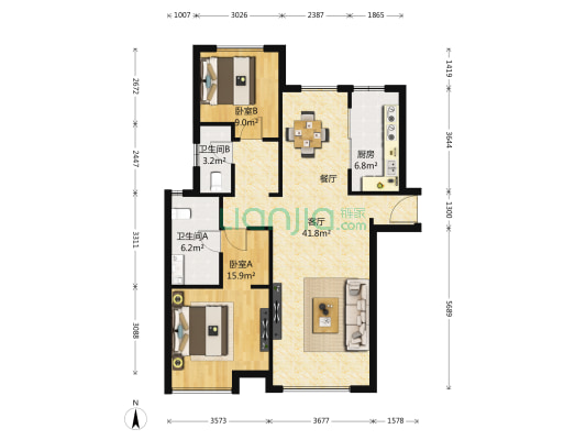 融科橄榄城一期 2室1厅2卫 124平方