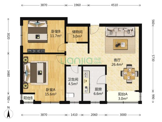 胶州路524弄 2室2厅1卫 85平方