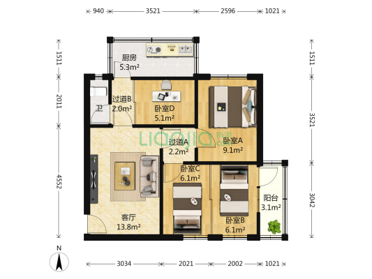 解放路 4室1厅1卫 73平方