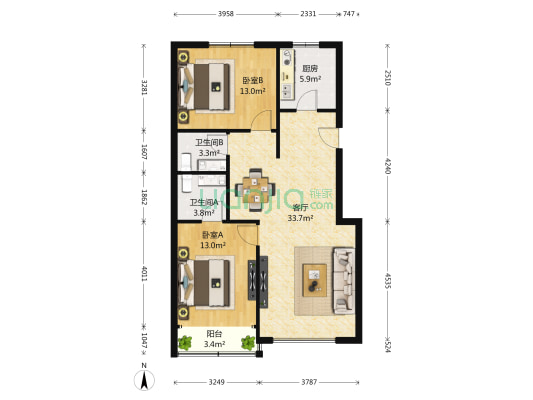 水色时光四区 2室1厅2卫 102平方