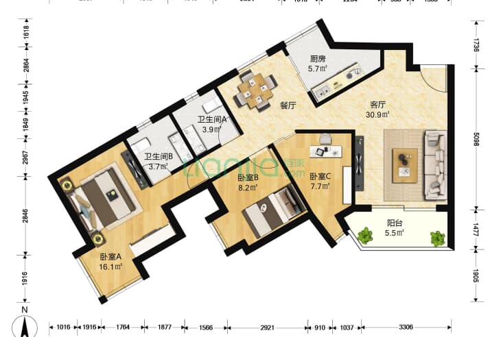 綠景新苑 3室1廳2衛 112㎡ 戶型