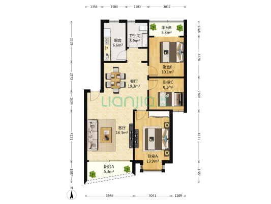 园丁小区 3室2厅1卫 103平方