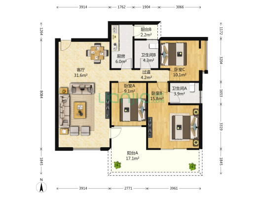 上城公馆 3室1厅2卫 116平方