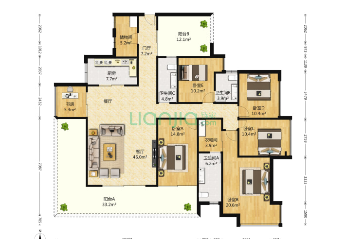 6室1厅3卫185.21㎡-深圳万科翰邻城户型图