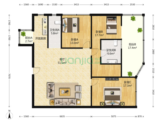 双钱公寓 3室2厅2卫 152平方