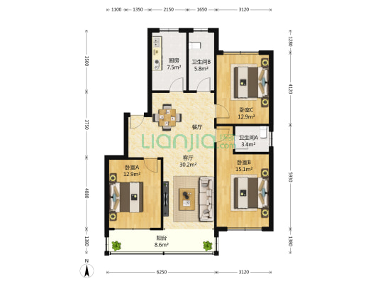 三皇桥小区 3室2厅2卫 119平方