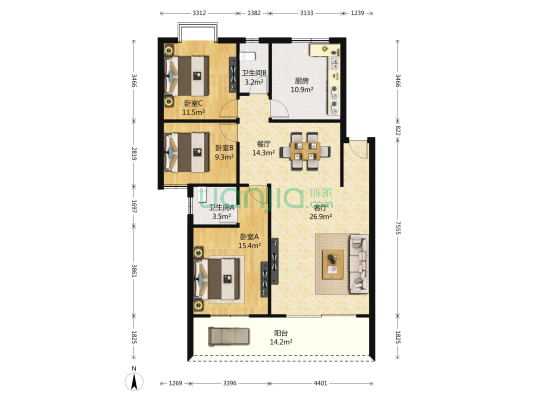 城管集资楼 3室2厅2卫 129平方