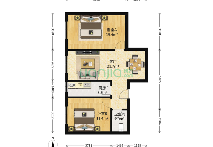 华龙美钰 2室1厅1卫 88㎡ 户型